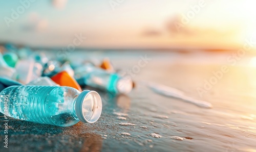 A serene beach scene marred by scattered plastic bottles, highlighting the impact of pollution on nature at sunset. photo