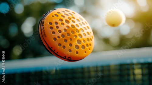 A yellow paddleball caught in a black net.