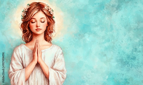 A serene image of a young girl with a floral crown, praying with closed eyes, radiating peace and spirituality against a teal background.