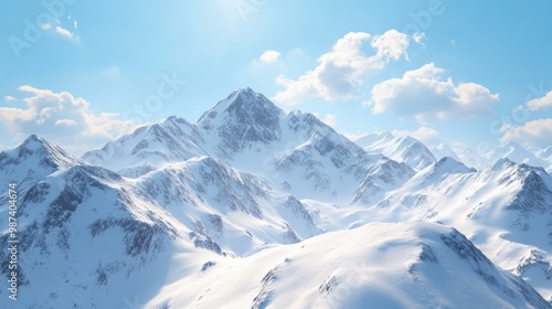 Flat lay of a snow-covered mountain top, with clear blue skies and the sun casting long shadows over the peaks.