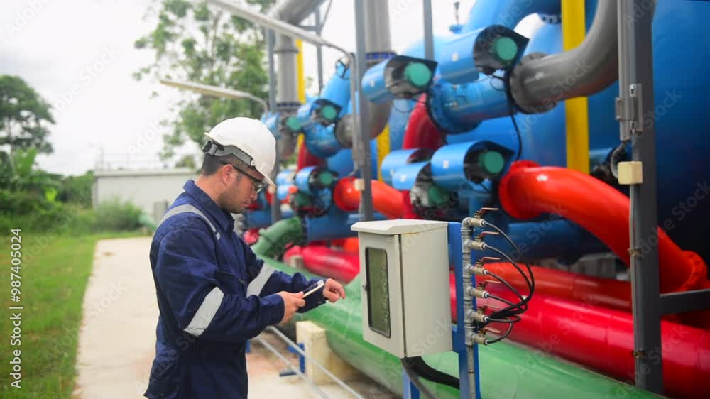 water pump mechanical wearing a safety hat checking the water pressure of the equipment, surrounded by industrial equipment, tools, ensuring safety and maintenance of machinery water pump mechanical wearing a safety hat checking the water pressure of the equipment, surrounded by industrial equipment, tools, ensuring safety and maintenance of machinery