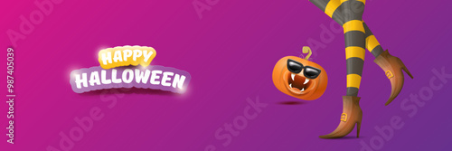 vector halloween party wide banner and poster with witch legs funky pumpkin and greeting text happy halloween on night violet background . Girls legs with stripped stockings and brown shoes.