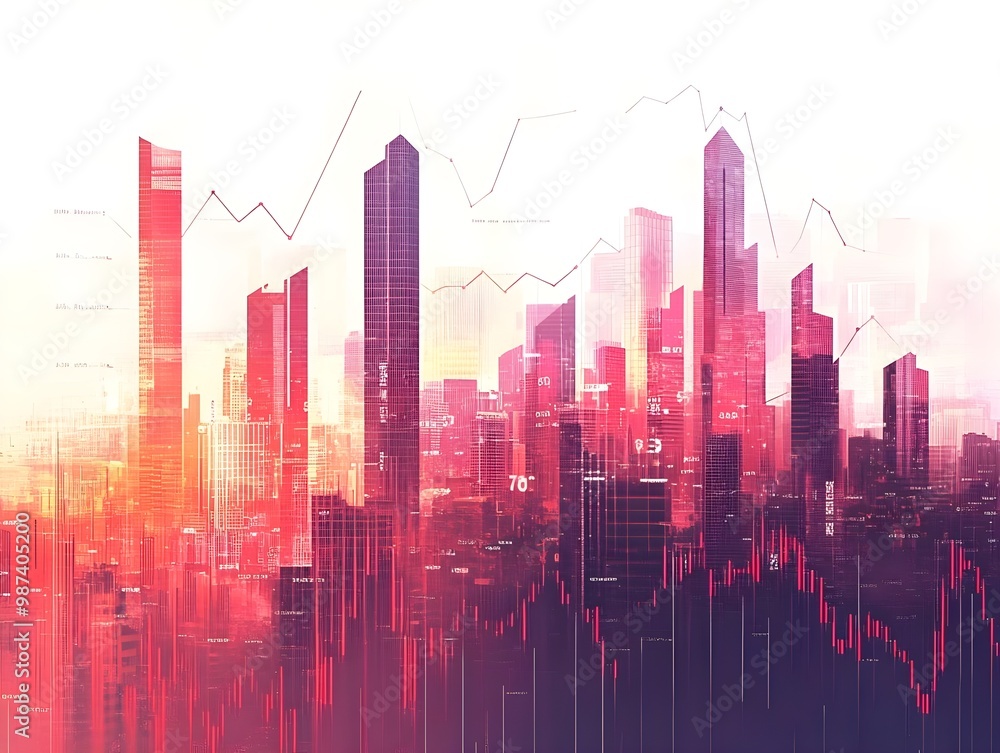 Modern city skyline with financial graphs Modern city skyline with financial graphs
