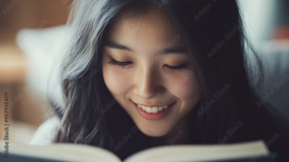 Close-up of an Asian woman smiling softly while reading a book, enjoying a moment of escape and relaxation. Close-up of an Asian woman smiling softly while reading a book, enjoying a moment of escape and relaxation.