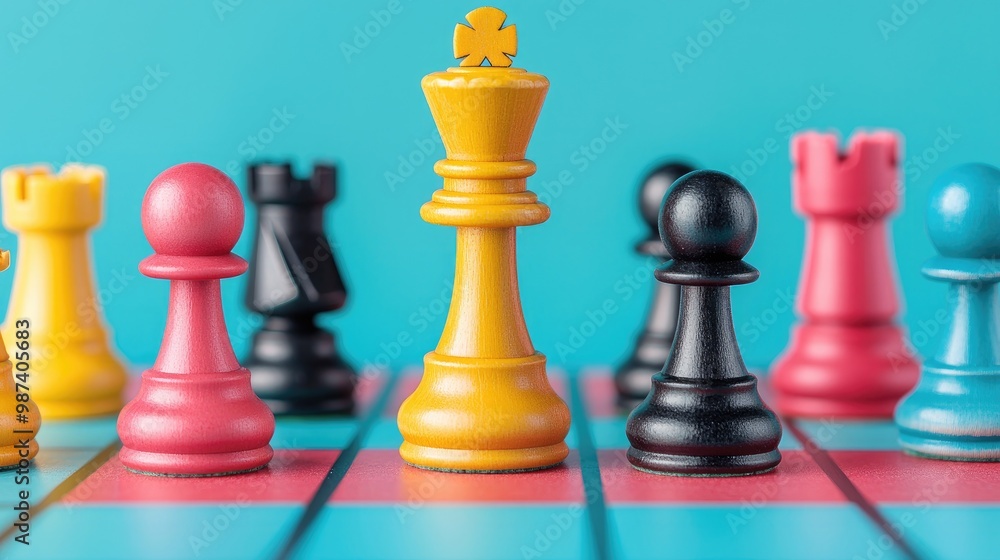 A vibrant chess set featuring colorful pieces on a teal background, perfect for game lovers and strategic thinkers. A vibrant chess set featuring colorful pieces on a teal background, perfect for game lovers and strategic thinkers.