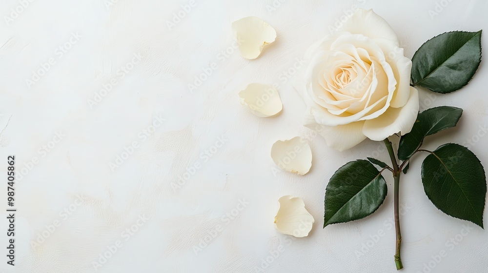 Flat lay of a white rose with its petals elegantly spread out, against a soft background, providing ample space for text or logos. Flat lay of a white rose with its petals elegantly spread out, against a soft background, providing ample space for text or logos.