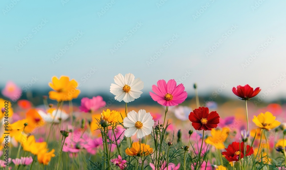 A vibrant field filled with colorful flowers under a clear blue sky, showcasing nature's beauty in full bloom. A vibrant field filled with colorful flowers under a clear blue sky, showcasing nature's beauty in full bloom.