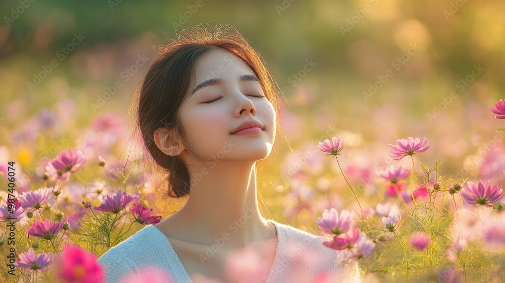 Fototapeta premium Relaxed Asian woman with her eyes closed, embracing nature as she sits in a field of flowers, finding tranquility.