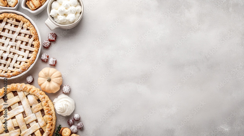 Obraz premium A beautifully crafted pumpkin pie sits among decorative pumpkins, leaves, and pinecones on a light background, creating a warm autumn atmosphere for seasonal baking