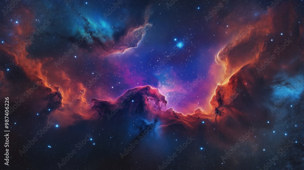 A vibrant nebula with deep reds, blues, and purples, illuminated by bright stars. A vibrant nebula with deep reds, blues, and purples, illuminated by bright stars.
