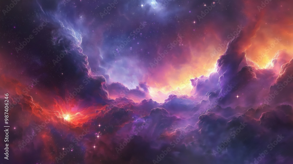 A vibrant nebula with deep reds, blues, and purples, illuminated by bright stars. A vibrant nebula with deep reds, blues, and purples, illuminated by bright stars.