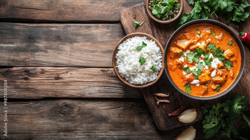 A rustic wooden table with a bowl of hot rice next to a pot of curry, showcasing the perfect pairing of flavors in a comforting meal. A rustic wooden table with a bowl of hot rice next to a pot of curry, showcasing the perfect pairing of flavors in a comforting meal.