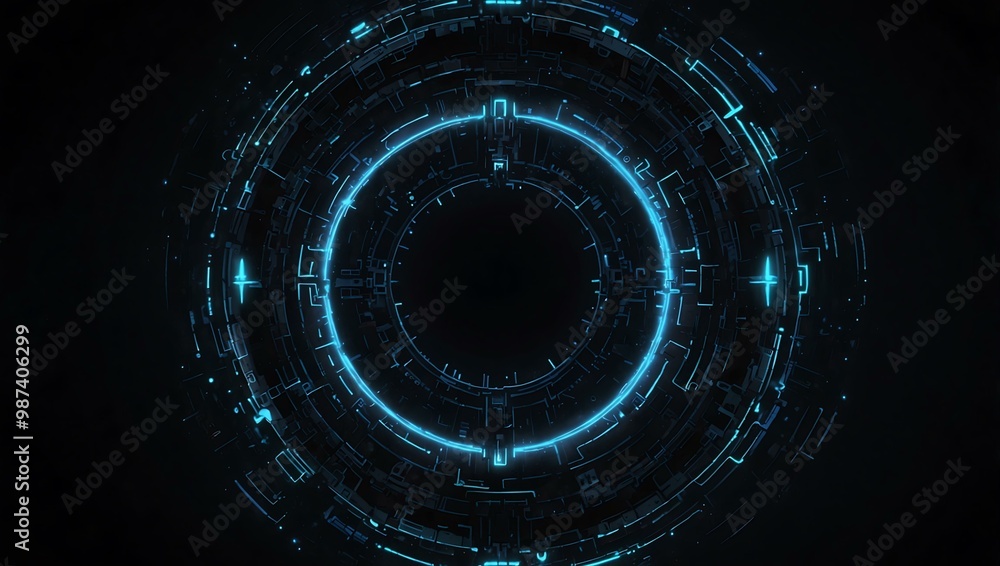 Neon blue circle pulsating against a black void, embodying a cyberpunk aesthetic. Neon blue circle pulsating against a black void, embodying a cyberpunk aesthetic.