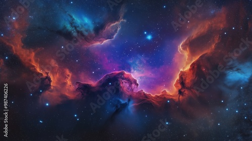 A vibrant nebula with deep reds, blues, and purples, illuminated by bright stars.