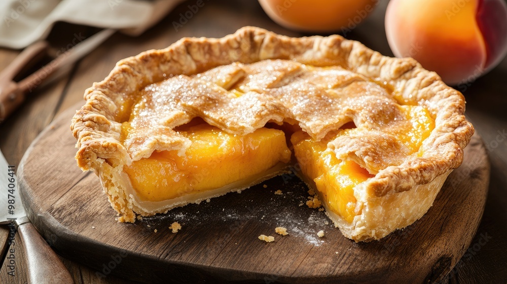 Freshly baked peach pie with a golden crust and juicy filling, arranged on a rustic cutting board with a slice removed. -05c5c40e3652 Freshly baked peach pie with a golden crust and juicy filling, arranged on a rustic cutting board with a slice removed. -05c5c40e3652