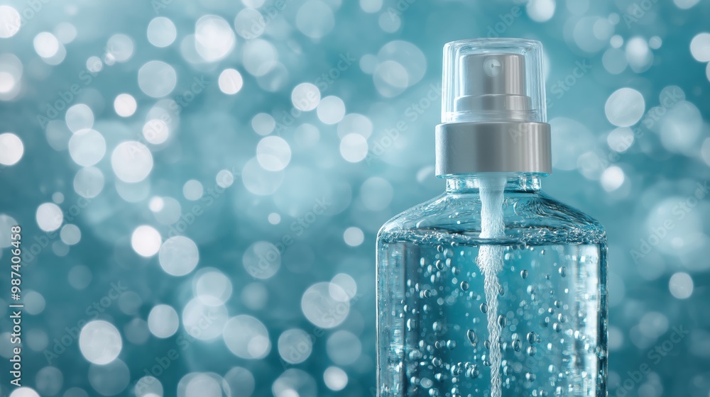 Image of a transparent spray bottle with water droplets inside, set against a light blue background with bokeh effects. Image of a transparent spray bottle with water droplets inside, set against a light blue background with bokeh effects.