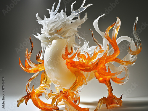 Glass Qilin Sculpture with Flames photo