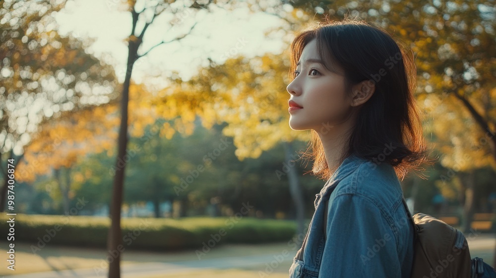 Thoughtful Asian woman walking through a peaceful park, taking in the beauty of nature and finding solace. Thoughtful Asian woman walking through a peaceful park, taking in the beauty of nature and finding solace.