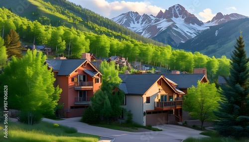 Summer morning charm of Mount Crested Butte village with hillside houses and vibrant Aspen trees in a scenic Colorado landscape