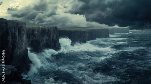 Powerful ocean waves crash against rugged, towering cliffs under a moody sky.