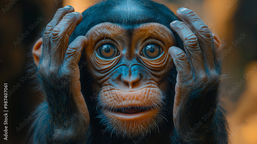 Close-up of Young Chimpanzee with wide eyes and hands on head, expressing Surprise or Curiosity in natural light.
Close-up of Young Chimpanzee with wide eyes and hands on head, expressing Surprise or Curiosity in natural light.