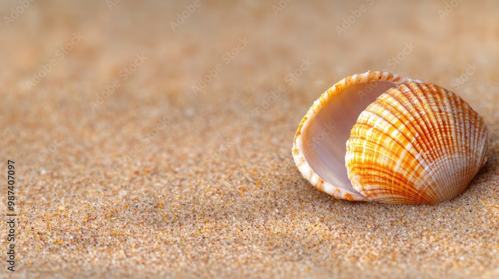 Close-up of a beautiful sea shell resting on soft sand, capturing the essence of beach and nature. Close-up of a beautiful sea shell resting on soft sand, capturing the essence of beach and nature.