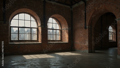 Large empty room with brick walls and arched windows overlooking the city.