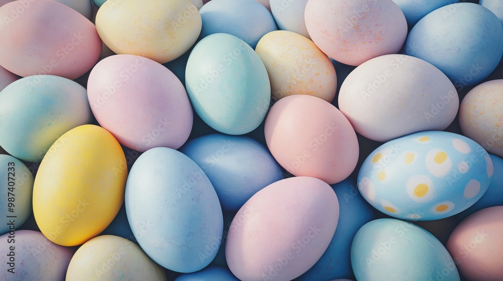 A close-up of vibrant, speckled Easter eggs in pastel shades of blue, pink, yellow, and green. A close-up of vibrant, speckled Easter eggs in pastel shades of blue, pink, yellow, and green.