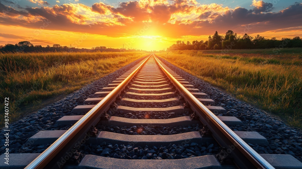 A stunning sunset illuminates railroad tracks leading into the distance, surrounded by golden grass fields.