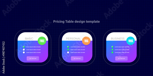 Price table concept vector design template. Pricing or subscription plan ui web elements. Website marketing and promotion landing page template. Product card UI vector illustration