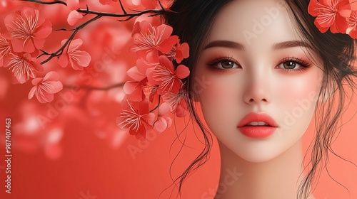 portrait of a beautiful Asian Chinese woman with radiant, healthy skin, designed for skincare advertising, with a subtle background featuring a young Korean or Japanese aesthetic