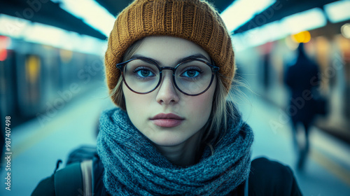 Young woman with glasses waits at a train station wearing a cozy hat and scarf during a chilly evening commute photo