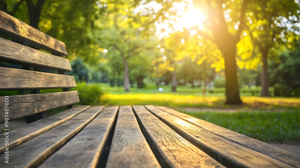 Sun-Kissed Wooden Bench in a Tranquil Park Sun-Kissed Wooden Bench in a Tranquil Park