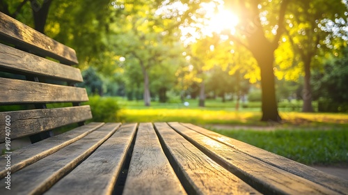 Sun-Kissed Wooden Bench in a Tranquil Park