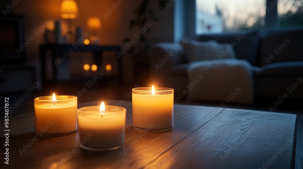 A serene scene of lit candles on a wooden table, casting a warm glow in a dimly lit room, creating a cozy and inviting atmosphere. A serene scene of lit candles on a wooden table, casting a warm glow in a dimly lit room, creating a cozy and inviting atmosphere.