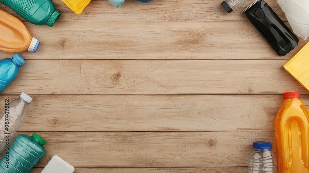 Colorful bottles and containers arranged on a wooden surface, ideal for environmental and recycling themes. Colorful bottles and containers arranged on a wooden surface, ideal for environmental and recycling themes.