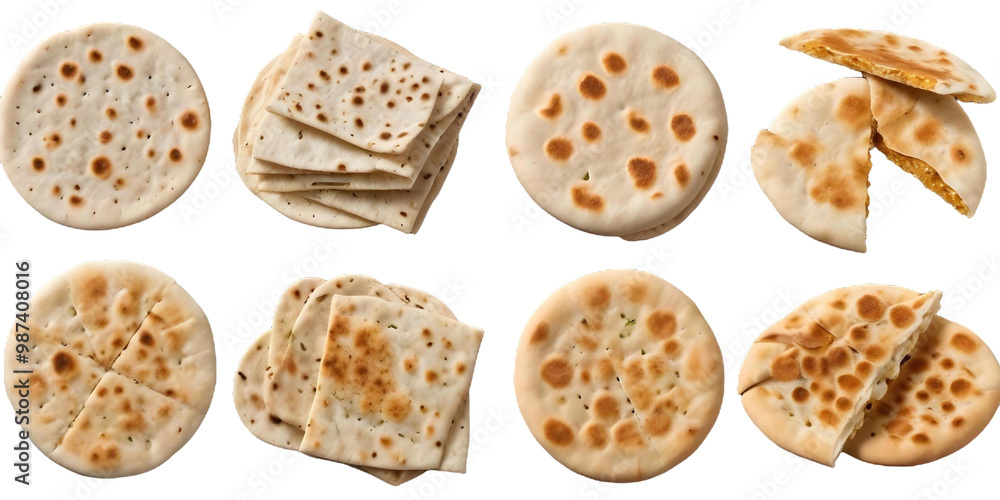 Assorted flatbread and crackers, including pita bread, naan, and crackers with a honeycomb texture. Assorted flatbread and crackers, including pita bread, naan, and crackers with a honeycomb texture.