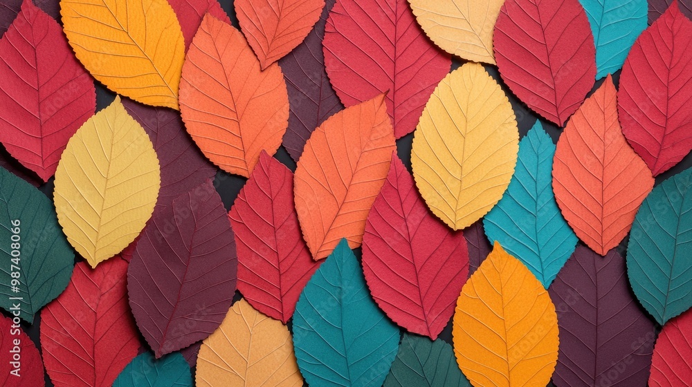 Obraz premium Colorful leaves arranged in a vibrant pattern, reflecting the beauty of autumn and nature's artistic design.