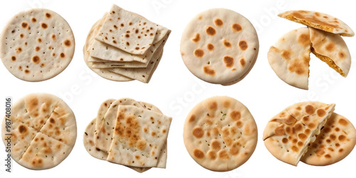 Assorted flatbread and crackers, including pita bread, naan, and crackers with a honeycomb texture.