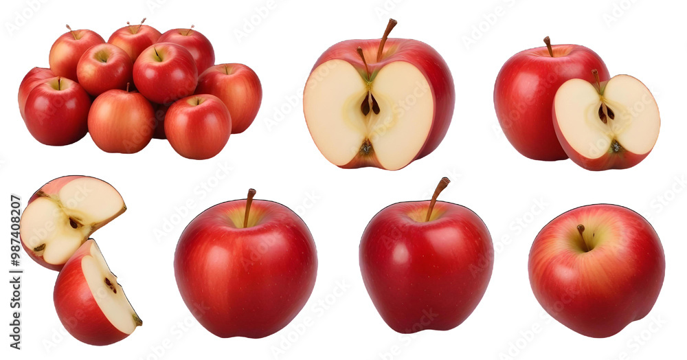 Red apples, some whole and some halved to show the inside, are on a transparent background. Red apples, some whole and some halved to show the inside, are on a transparent background.