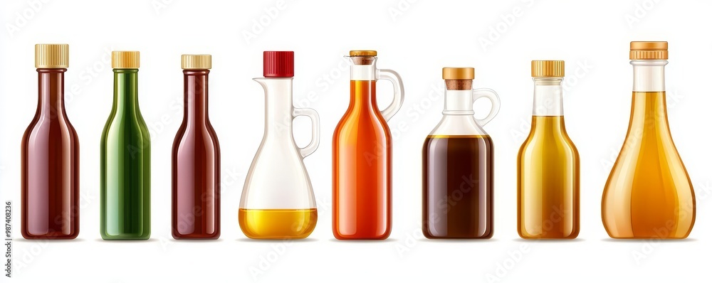 A diverse collection of bottles featuring various oils, vinegars, and sauces against a clean background, perfect for culinary themes. A diverse collection of bottles featuring various oils, vinegars, and sauces against a clean background, perfect for culinary themes.