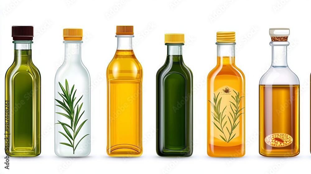 A collection of various oil bottles featuring distinct colors and designs, perfect for culinary and health-related visuals. A collection of various oil bottles featuring distinct colors and designs, perfect for culinary and health-related visuals.