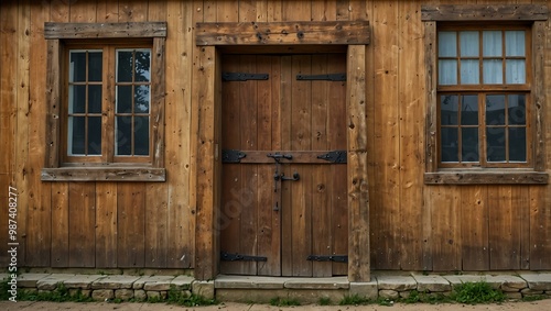 Old wooden door with a window on a rustic building.