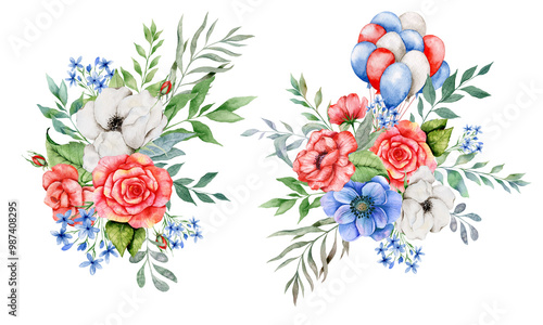 4th of July Patriotic Concept. Patriotic Design. Red Blue and White Flower Bouquet Watercolor Illustration. Independence Day design element. Hand Painted Watercolor Botanical Illustration.