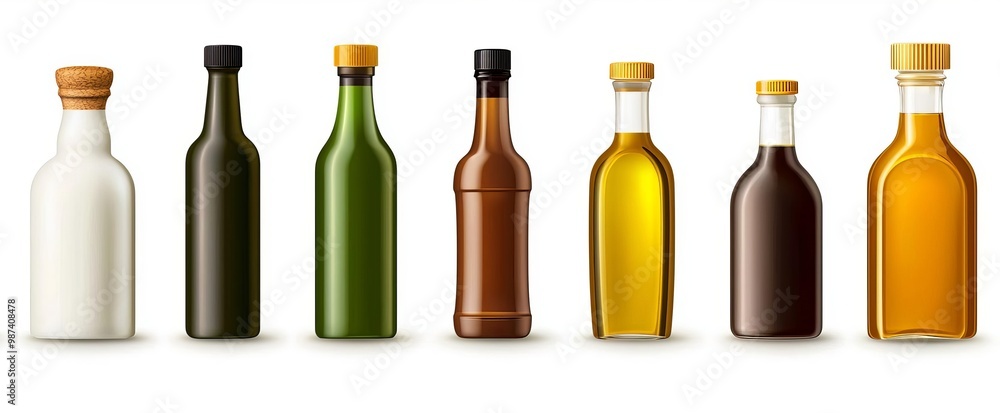 A collection of various glass bottles filled with oils, showcasing different colors and styles. Ideal for culinary and lifestyle themes. A collection of various glass bottles filled with oils, showcasing different colors and styles. Ideal for culinary and lifestyle themes.