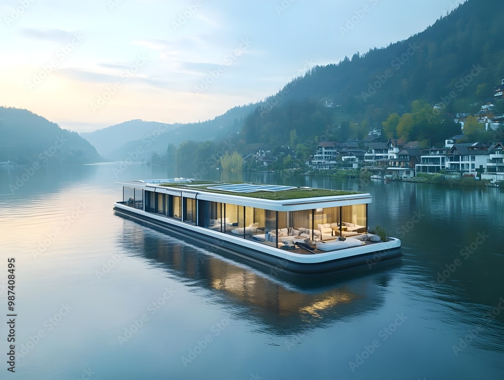 Modern houseboat on serene river at dusk Modern houseboat on serene river at dusk