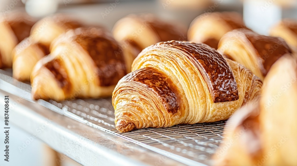 Freshly baked croissants arranged neatly on a cooling rack, showcasing their flaky layers and golden-brown crust. Freshly baked croissants arranged neatly on a cooling rack, showcasing their flaky layers and golden-brown crust.