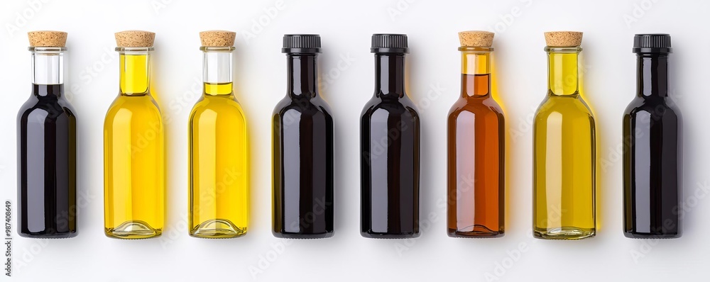 An array of glass bottles filled with various types of oil, showcasing vibrant colors and unique shapes against a clean background. An array of glass bottles filled with various types of oil, showcasing vibrant colors and unique shapes against a clean background.