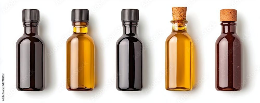 A collection of glass bottles with varied shapes and colors, ideal for branding, packaging, or culinary use. A collection of glass bottles with varied shapes and colors, ideal for branding, packaging, or culinary use.