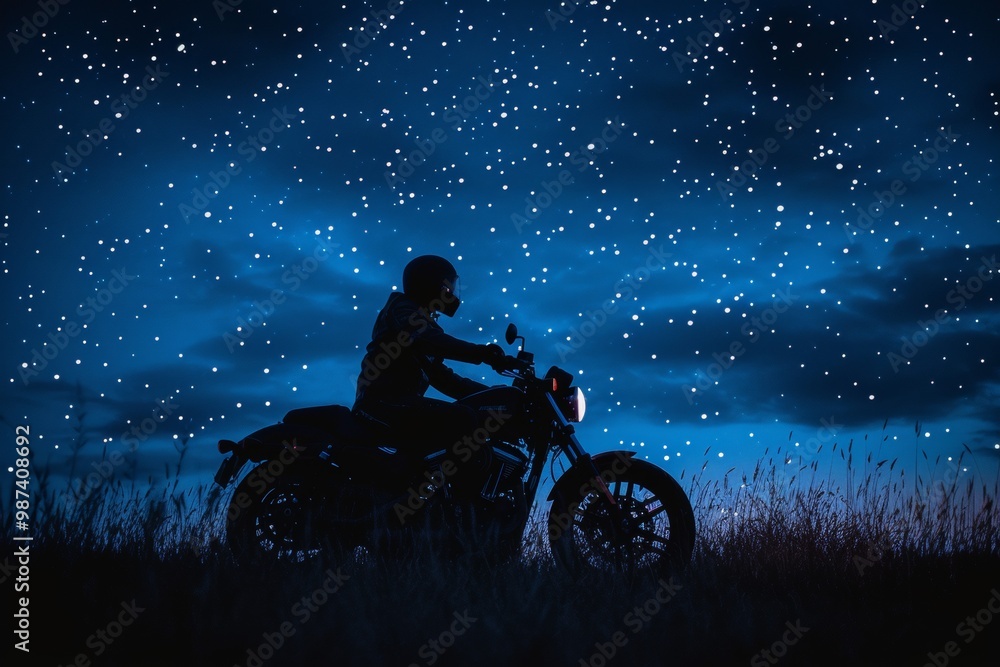 Motorcyclist riding in field silhouetted against clear starry night sky, capturing tranquility of nature, rider becomes symbol of freedom and human spirit connection to vastness of universe Motorcyclist riding in field silhouetted against clear starry night sky, capturing tranquility of nature, rider becomes symbol of freedom and human spirit connection to vastness of universe